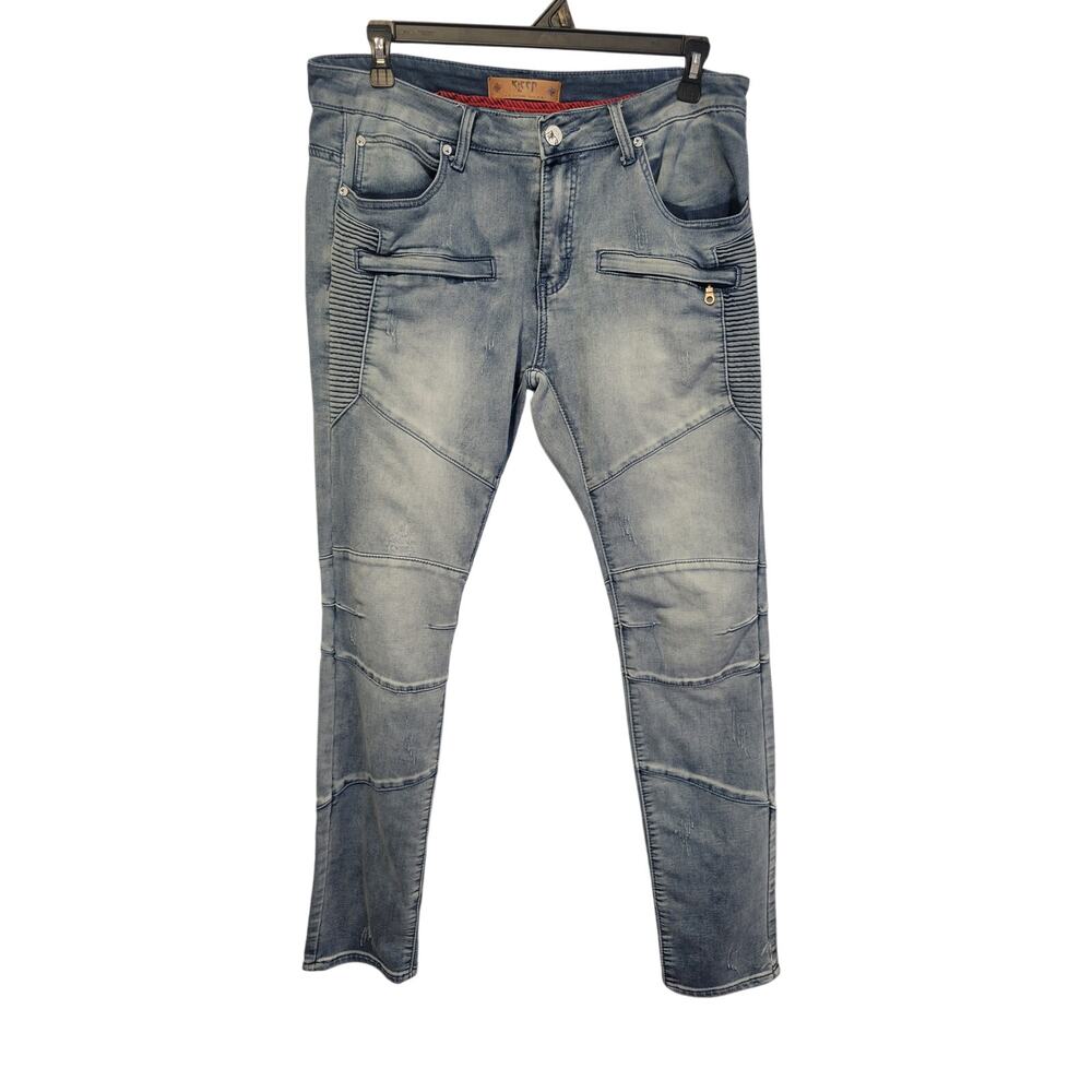 Kleep Men's 36x34 Skinny Moto Jeans Light Wash Distressed Skater Grunge Punk‎